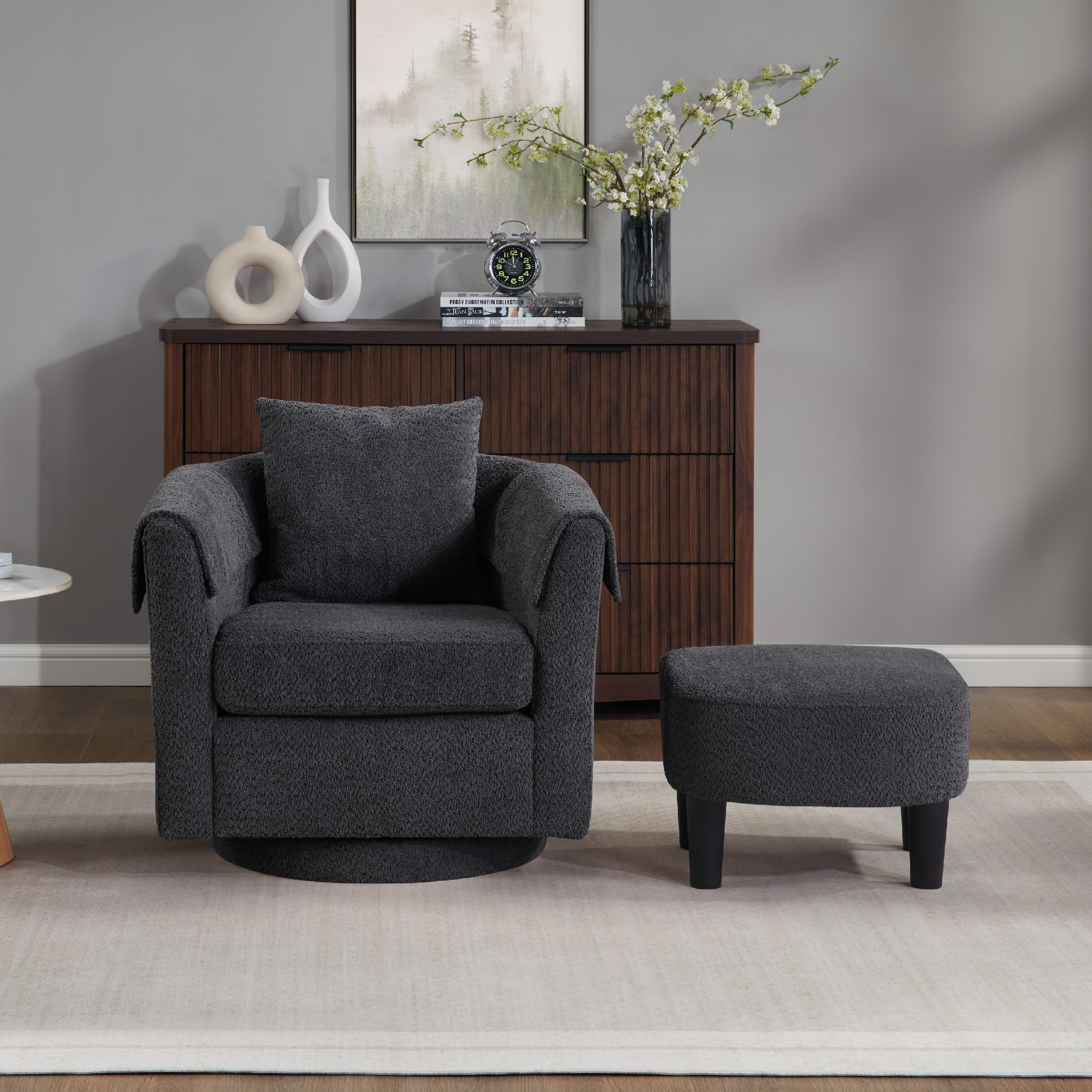 Swivel Accent Chair With Ottoman Set, Modern Chenille Barrel Armchair With Removable Back Pillow & 2 Armrest Covers For Living Room, Bedroom, Office, Black_voghion.com